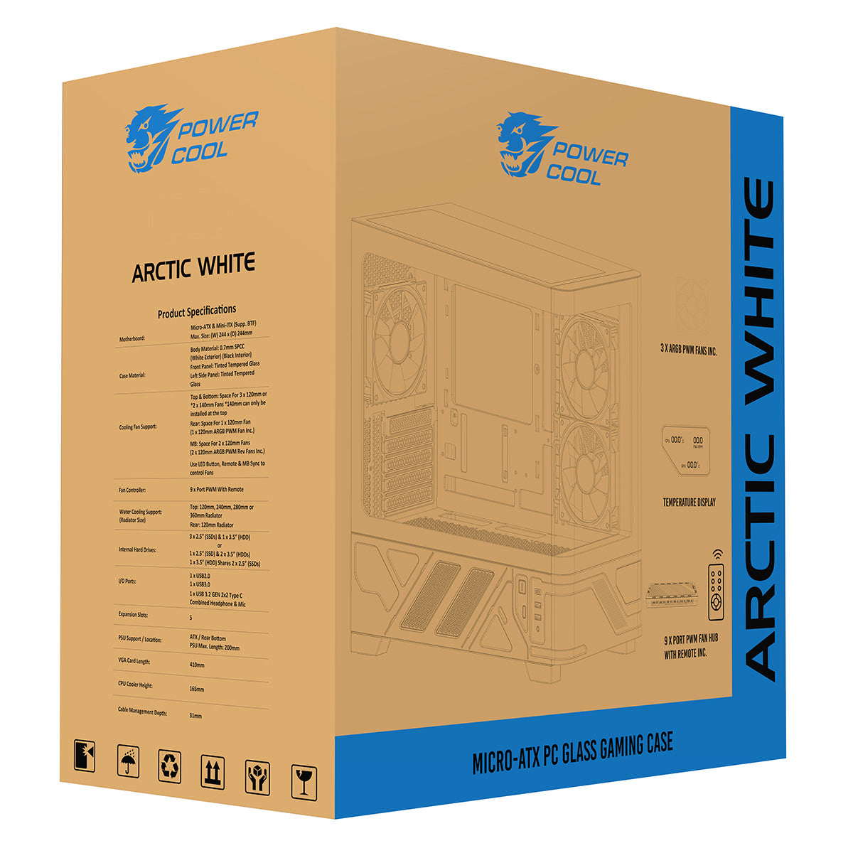 Powercool Arctic White Micro-ATX Gaming Case With Black Interior Tempered Glass Panels With 3 x PWM ARGB Fans and 9 Port PWM Hub Included - Destello