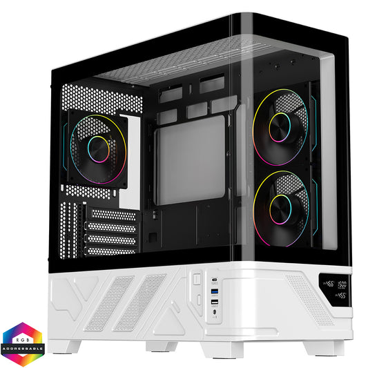 Powercool Arctic White Micro-ATX Gaming Case With Black Interior Tempered Glass Panels With 3 x PWM ARGB Fans and 9 Port PWM Hub Included - Destello