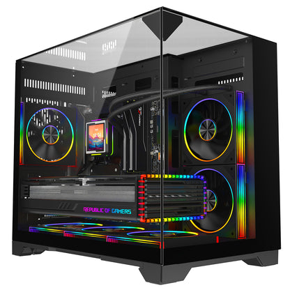 Powercool Atom Black mATX Gaming Case Dual Chamber With 3 x Tempered Glass Panels With 3 x CiT Saturn PWM ARGB Fans and 6 Port PWM Hub - Destello