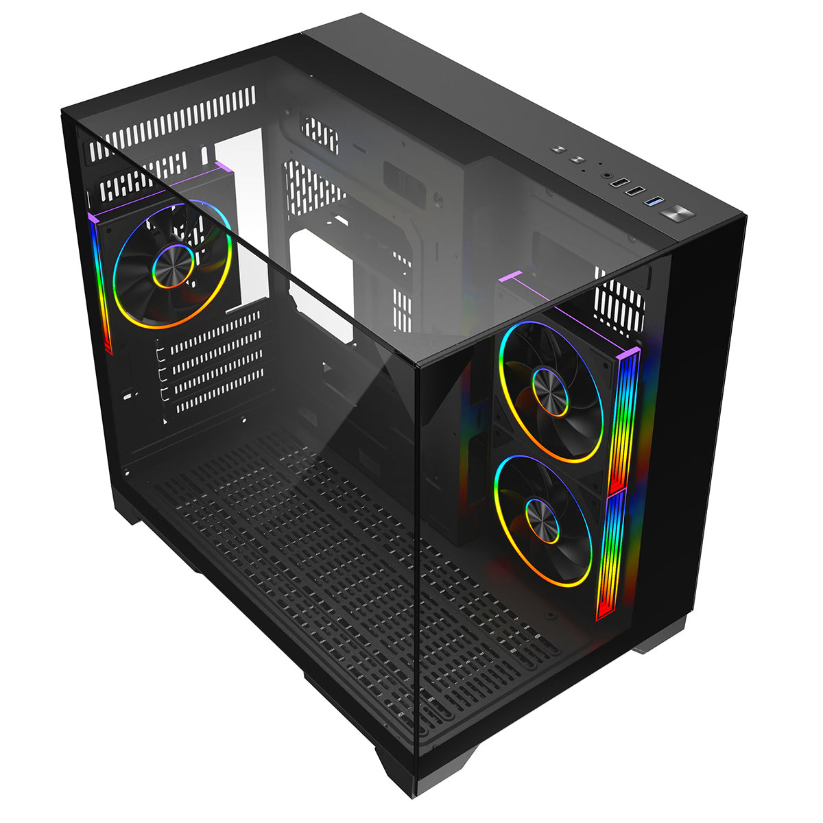 Powercool Atom Black mATX Gaming Case Dual Chamber With 3 x Tempered Glass Panels With 3 x CiT Saturn PWM ARGB Fans and 6 Port PWM Hub - Destello