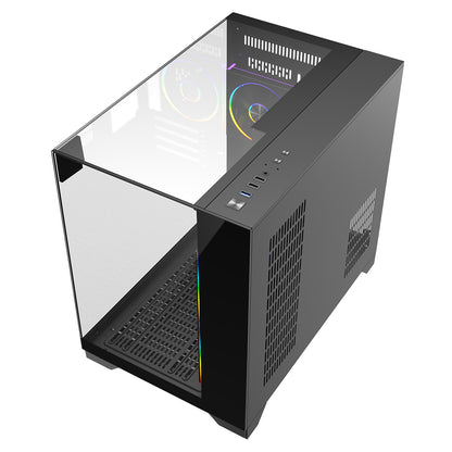 Powercool Atom Black mATX Gaming Case Dual Chamber With 3 x Tempered Glass Panels With 3 x CiT Saturn PWM ARGB Fans and 6 Port PWM Hub - Destello