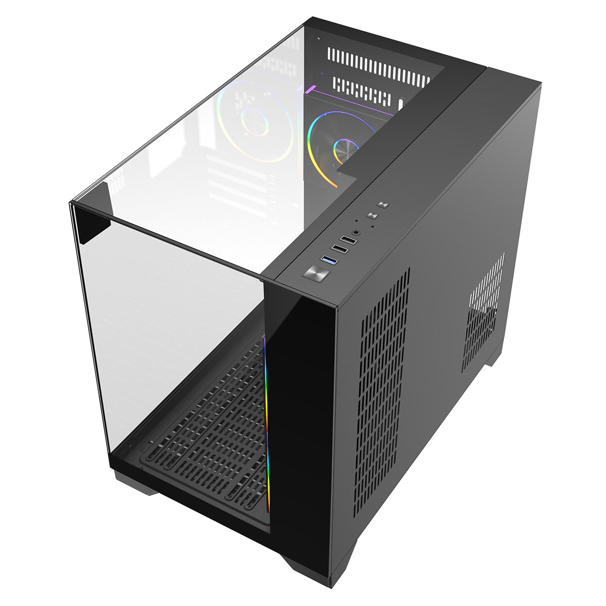 Powercool Atom Black mATX Gaming Case Dual Chamber With 3 x Tempered Glass Panels With 3 x CiT Saturn PWM ARGB Fans and 6 Port PWM Hub - Destello