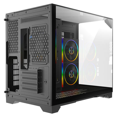 Powercool Atom Black mATX Gaming Case Dual Chamber With 3 x Tempered Glass Panels With 3 x CiT Saturn PWM ARGB Fans and 6 Port PWM Hub - Destello