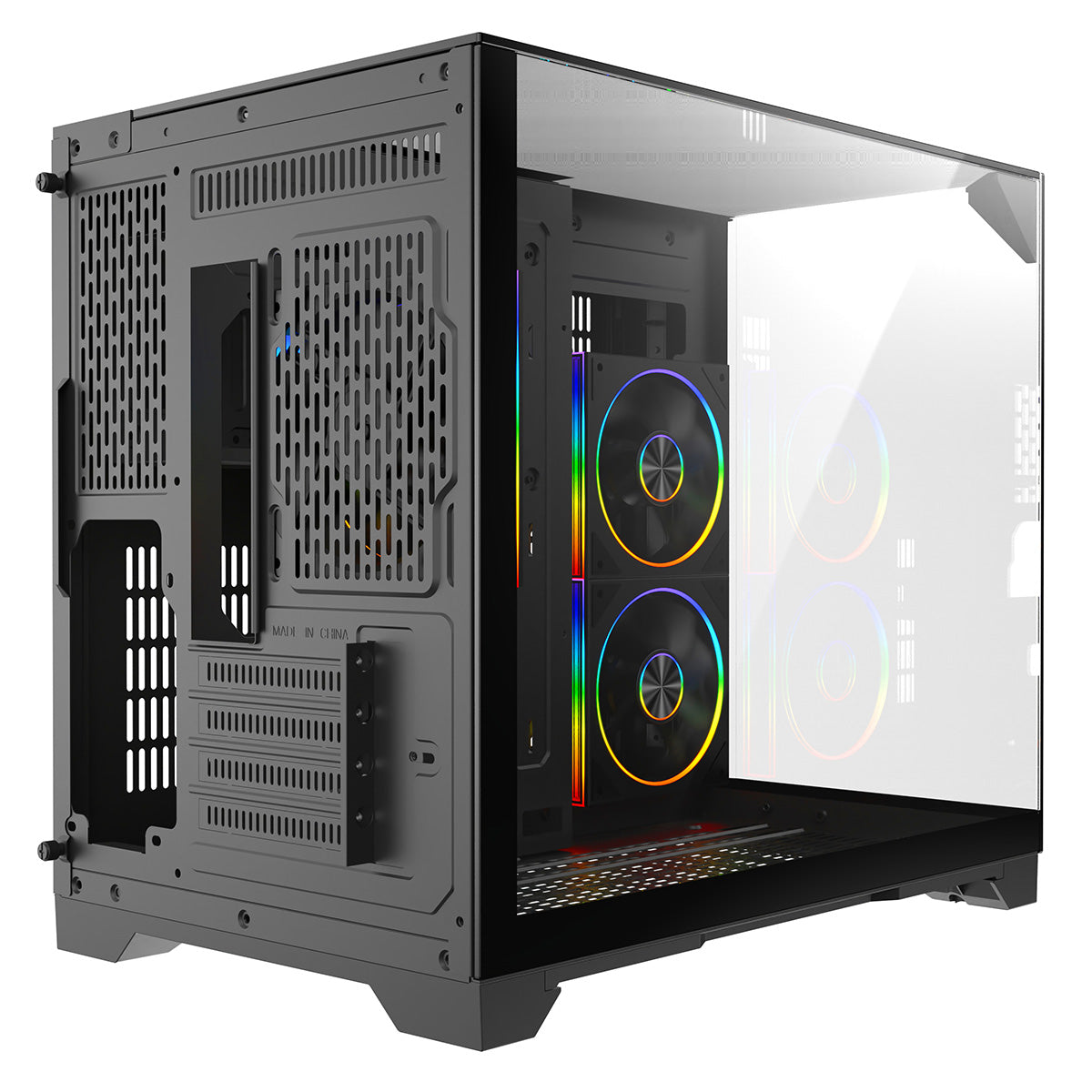 Powercool Atom Black mATX Gaming Case Dual Chamber With 3 x Tempered Glass Panels With 3 x CiT Saturn PWM ARGB Fans and 6 Port PWM Hub