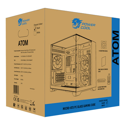 Powercool Atom Black mATX Gaming Case Dual Chamber With 3 x Tempered Glass Panels With 3 x CiT Saturn PWM ARGB Fans and 6 Port PWM Hub - Destello