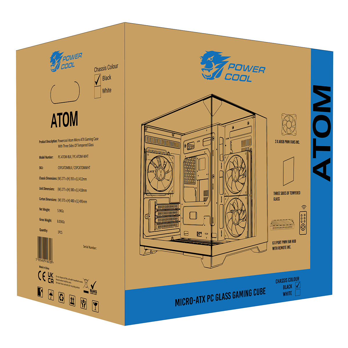 Powercool Atom Black mATX Gaming Case Dual Chamber With 3 x Tempered Glass Panels With 3 x CiT Saturn PWM ARGB Fans and 6 Port PWM Hub - Destello