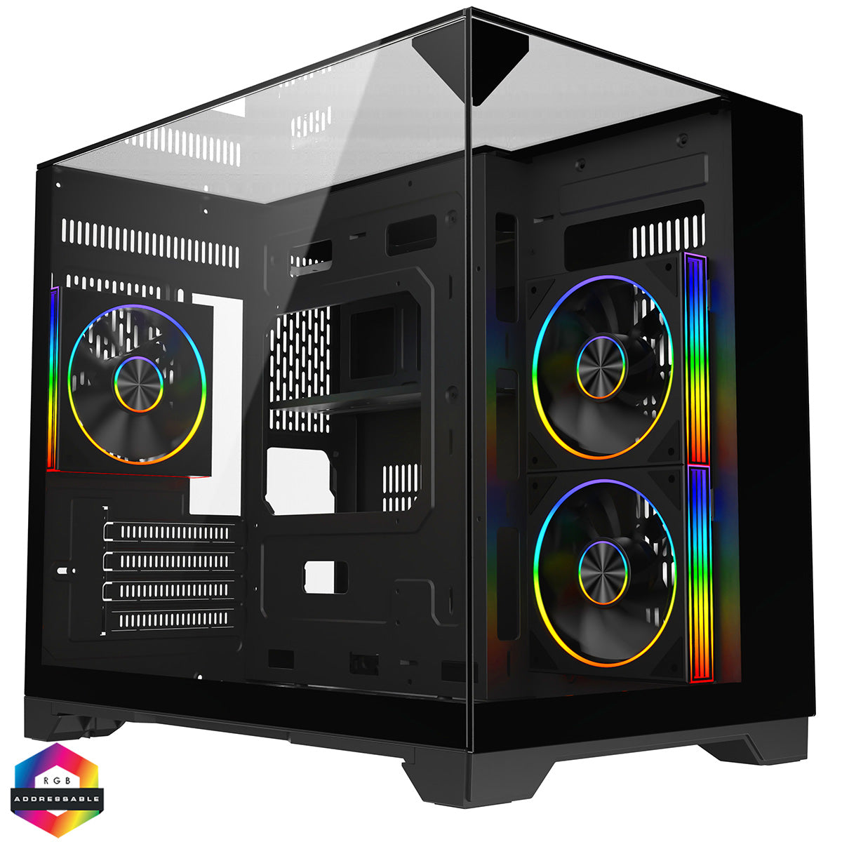 Powercool Atom Black mATX Gaming Case Dual Chamber With 3 x Tempered Glass Panels With 3 x CiT Saturn PWM ARGB Fans and 6 Port PWM Hub - Destello