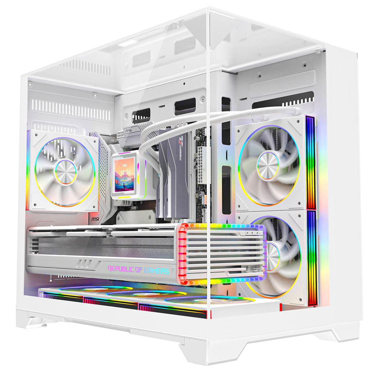 Powercool Atom White mATX Gaming Case Dual Chamber With 3 x Tempered Glass Panels With 3 x CiT Saturn PWM ARGB Fans and 6 Port PWM Hub