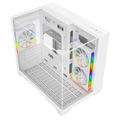 Powercool Atom White mATX Gaming Case Dual Chamber With 3 x Tempered Glass Panels With 3 x CiT Saturn PWM ARGB Fans and 6 Port PWM Hub - Destello