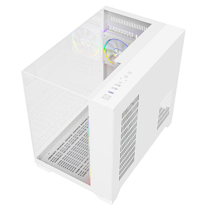 Powercool Atom White mATX Gaming Case Dual Chamber With 3 x Tempered Glass Panels With 3 x CiT Saturn PWM ARGB Fans and 6 Port PWM Hub - Destello