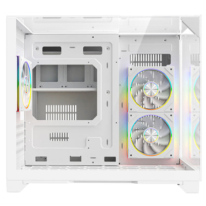 Powercool Atom White mATX Gaming Case Dual Chamber With 3 x Tempered Glass Panels With 3 x CiT Saturn PWM ARGB Fans and 6 Port PWM Hub - Destello