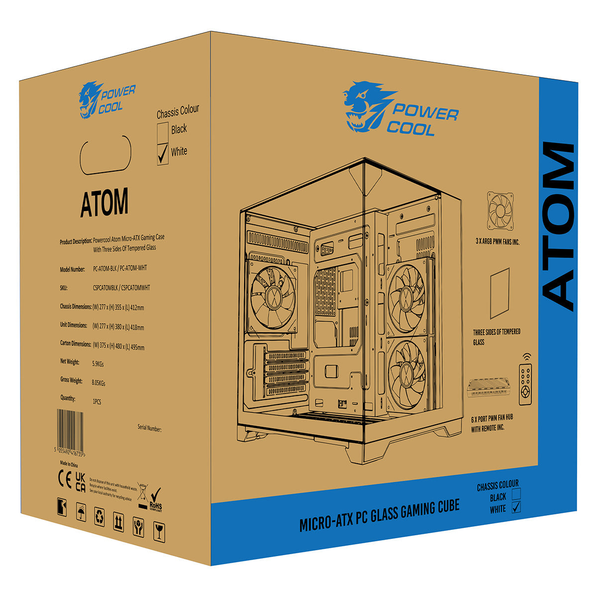 Powercool Atom White mATX Gaming Case Dual Chamber With 3 x Tempered Glass Panels With 3 x CiT Saturn PWM ARGB Fans and 6 Port PWM Hub - Destello