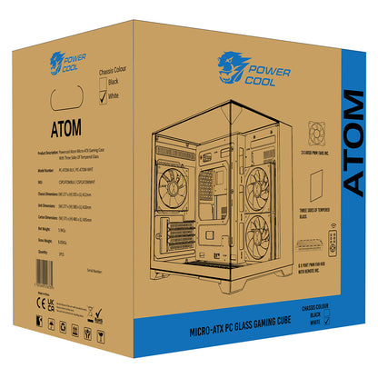 Powercool Atom White mATX Gaming Case Dual Chamber With 3 x Tempered Glass Panels With 3 x CiT Saturn PWM ARGB Fans and 6 Port PWM Hub