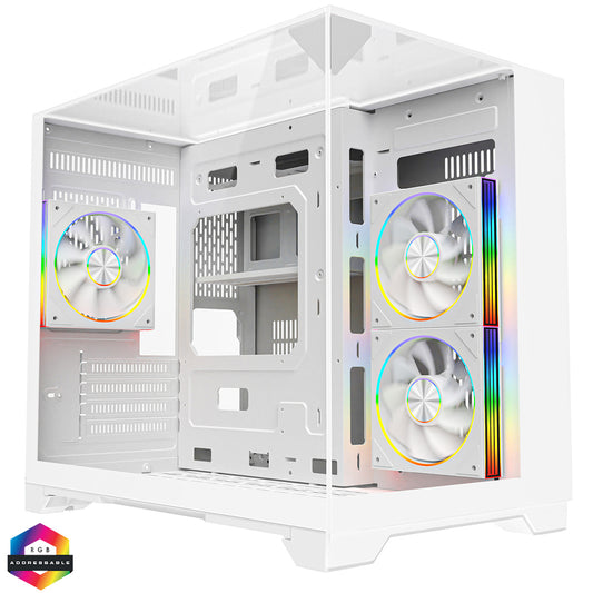 Powercool Atom White mATX Gaming Case Dual Chamber With 3 x Tempered Glass Panels With 3 x CiT Saturn PWM ARGB Fans and 6 Port PWM Hub - Destello
