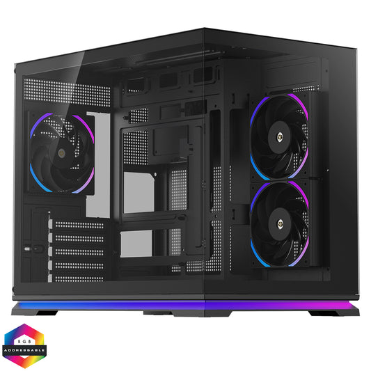 Powercool Aurora Black mATX Dual Chamber Gaming Case LED Strip