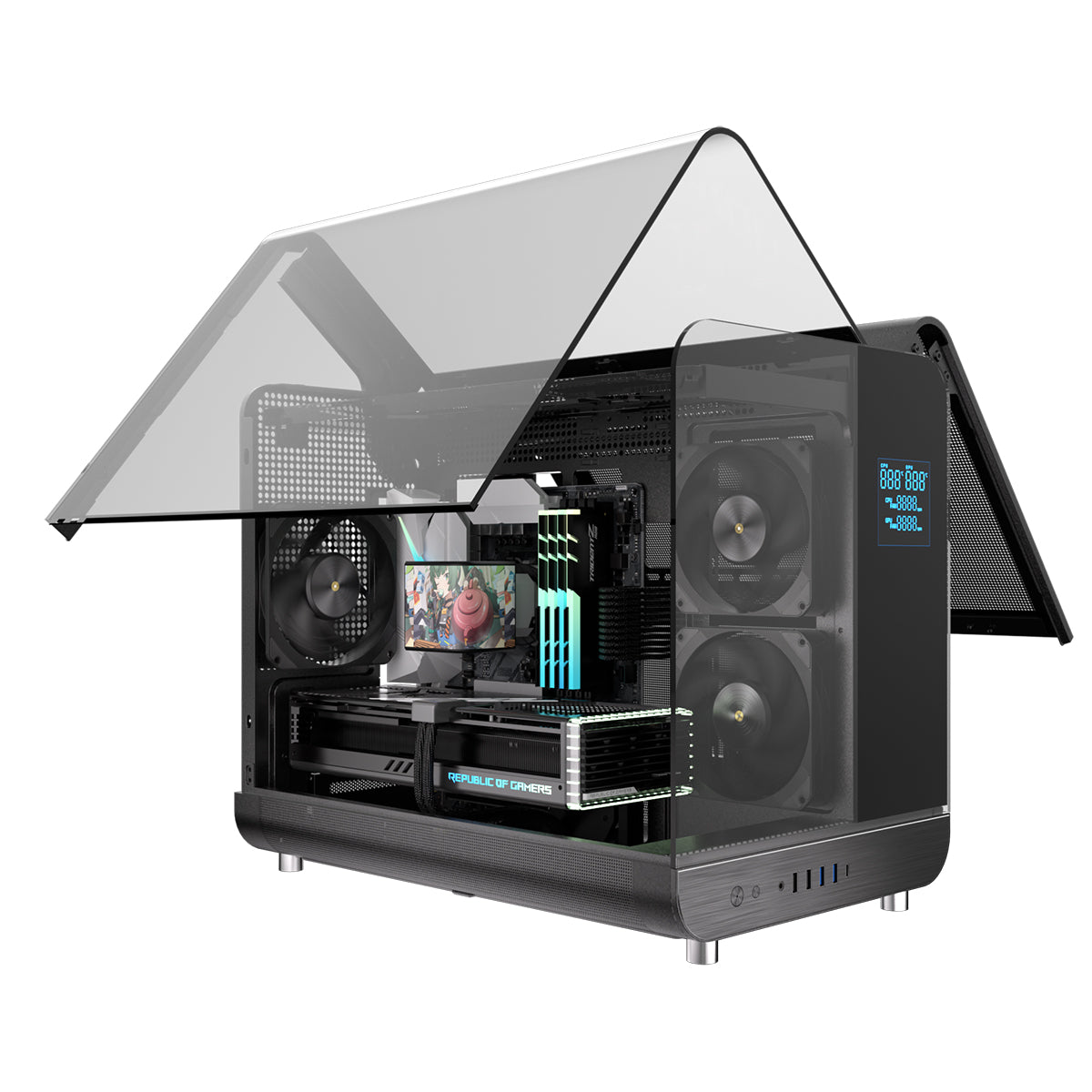 Powercool Aviator Black mATX Gaming Case Dual Chamber With 2 x Tempered Glass Panels With 3 x PWM FDB Black Fans Included - Destello