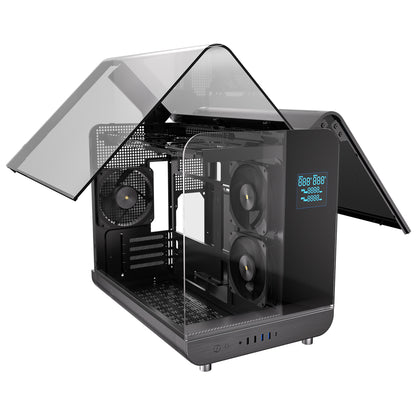 Powercool Aviator Black mATX Gaming Case Dual Chamber With 2 x Tempered Glass Panels With 3 x PWM FDB Black Fans Included - Destello