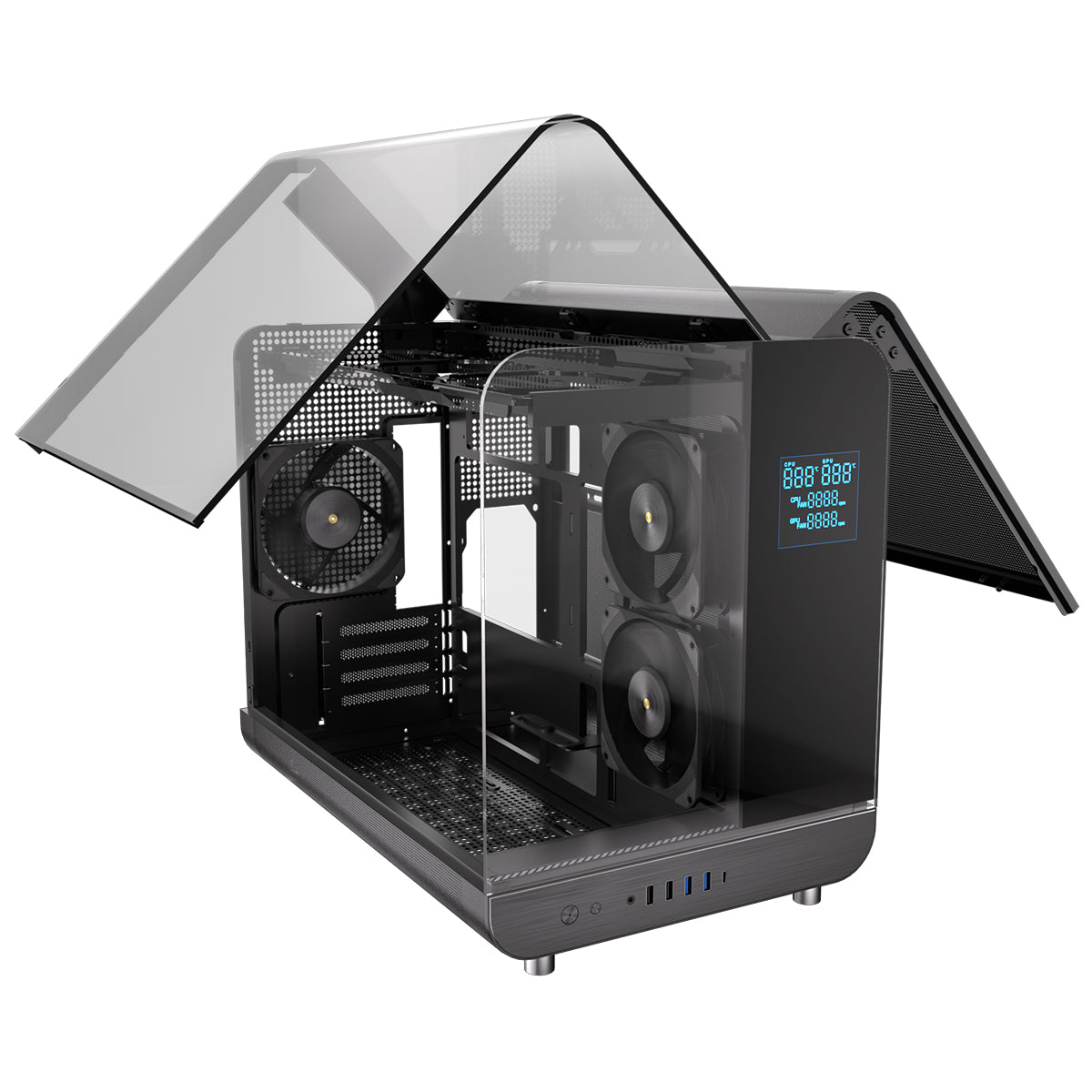 Powercool Aviator Black mATX Gaming Case Dual Chamber With 2 x Tempered Glass Panels With 3 x PWM FDB Black Fans Included - Destello