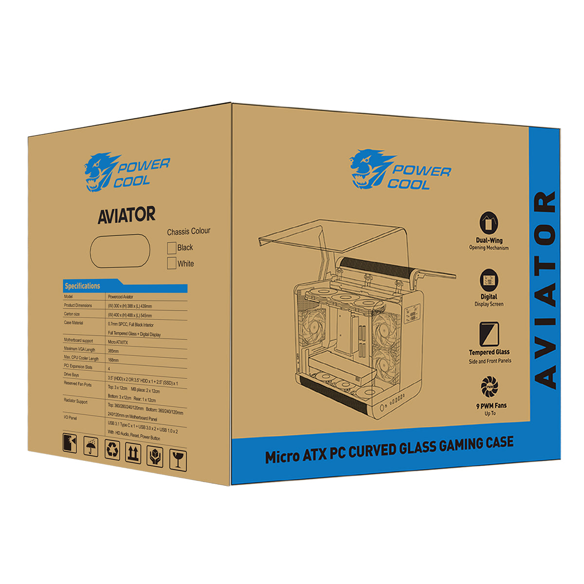 Powercool Aviator Black mATX Gaming Case Dual Chamber With 2 x Tempered Glass Panels With 3 x PWM FDB Black Fans Included - Destello