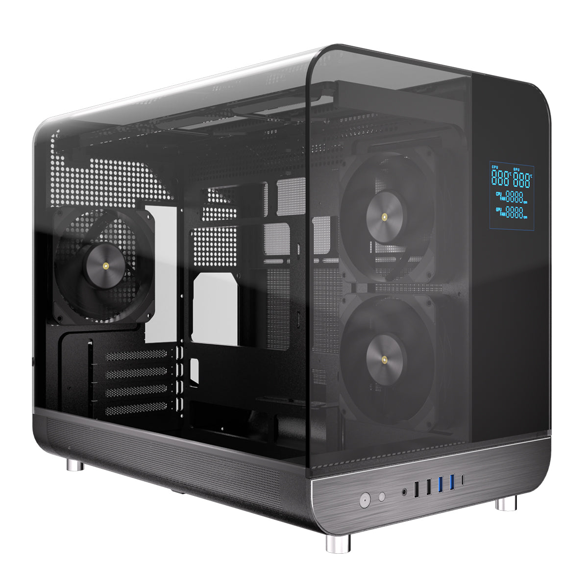 Powercool Aviator Black mATX Gaming Case Dual Chamber With 2 x Tempered Glass Panels With 3 x PWM FDB Black Fans Included - Destello