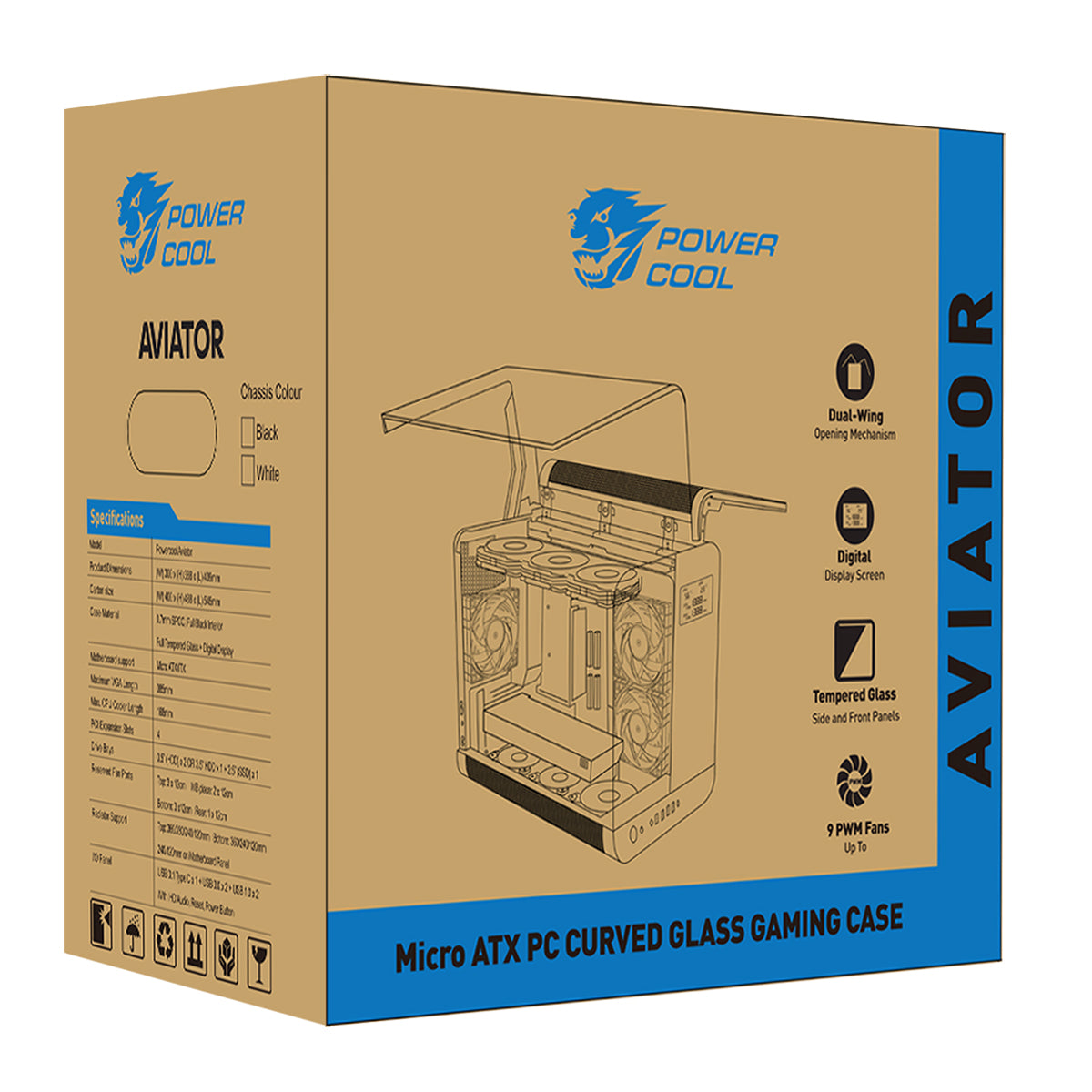 Powercool Aviator White mATX Gaming Case With Black Interior Dual Chamber With 2 x Tempered Glass Panels and 3 x PWM FDB BLK Fans Included - Destello