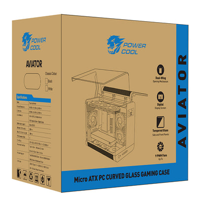 Powercool Aviator White mATX Gaming Case With Black Interior Dual Chamber With 2 x Tempered Glass Panels and 3 x PWM FDB BLK Fans Included - Destello