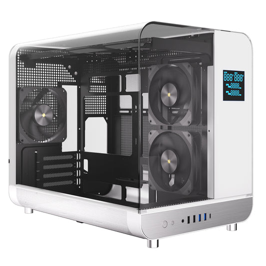 Powercool Aviator White mATX Gaming Case With Black Interior Dual Chamber With 2 x Tempered Glass Panels and 3 x PWM FDB BLK Fans Included - Destello
