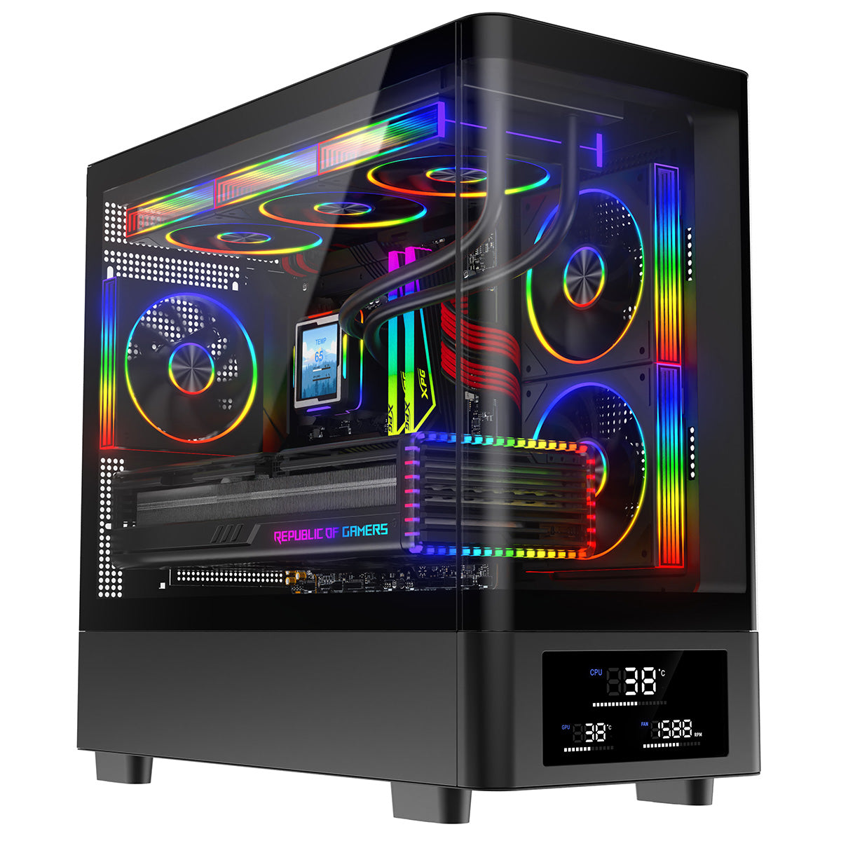 Powercool Gravity Black mATX Gaming Case With Display Curved Tempered Glass With 3 x CiT Saturn PWM ARGB Fans and 6 Port PWM Hub