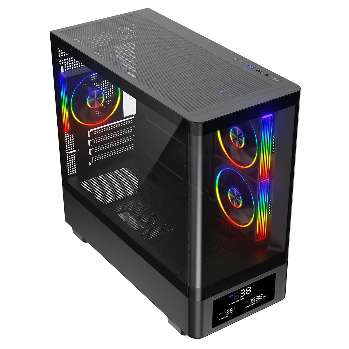 Powercool Gravity Black mATX Gaming Case With Display Curved Tempered Glass With 3 x CiT Saturn PWM ARGB Fans and 6 Port PWM Hub - Destello