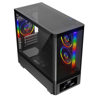Powercool Gravity Black mATX Gaming Case With Display Curved Tempered Glass With 3 x CiT Saturn PWM ARGB Fans and 6 Port PWM Hub - Destello