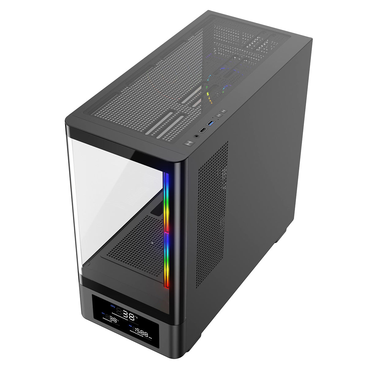 Powercool Gravity Black mATX Gaming Case With Display Curved Tempered Glass With 3 x CiT Saturn PWM ARGB Fans and 6 Port PWM Hub - Destello