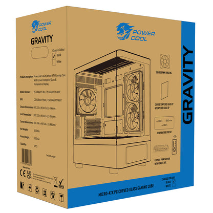 Powercool Gravity Black mATX Gaming Case With Display Curved Tempered Glass With 3 x CiT Saturn PWM ARGB Fans and 6 Port PWM Hub - Destello