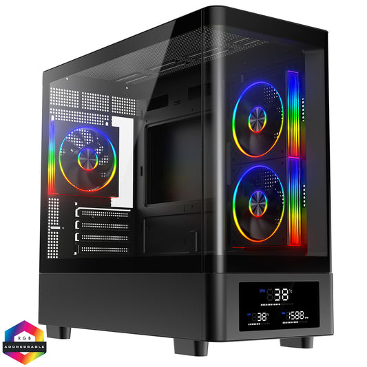 Powercool Gravity Black mATX Gaming Case With Display Curved Tempered Glass With 3 x CiT Saturn PWM ARGB Fans and 6 Port PWM Hub - Destello