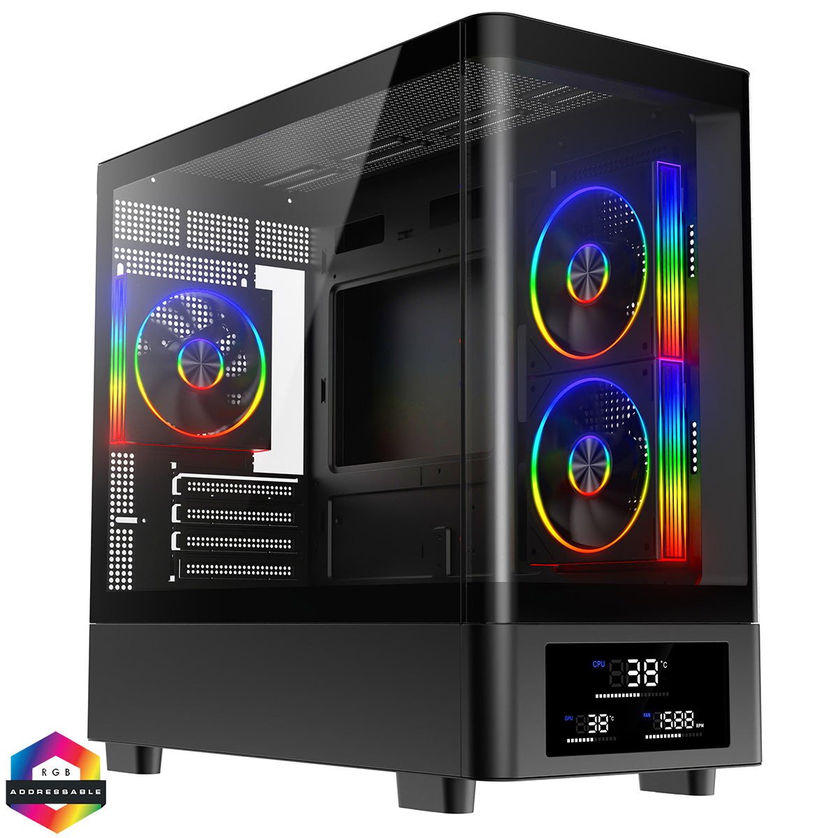 Powercool Gravity Black mATX Gaming Case With Display Curved Tempered Glass With 3 x CiT Saturn PWM ARGB Fans and 6 Port PWM Hub - Destello