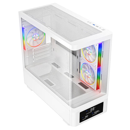 Powercool Gravity White mATX Gaming Case With Display Curved Tempered Glass With 3 x CiT Saturn PWM ARGB Fans and 6 Port PWM Hub - Destello
