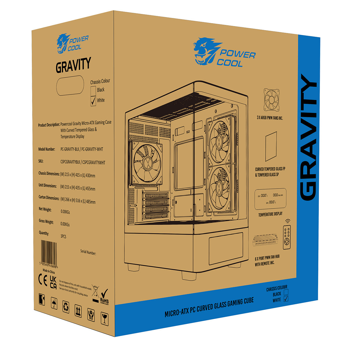 Powercool Gravity White mATX Gaming Case With Display Curved Tempered Glass With 3 x CiT Saturn PWM ARGB Fans and 6 Port PWM Hub - Destello