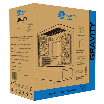 Powercool Gravity White mATX Gaming Case With Display Curved Tempered Glass With 3 x CiT Saturn PWM ARGB Fans and 6 Port PWM Hub - Destello