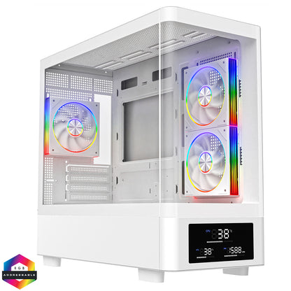 Powercool Gravity White mATX Gaming Case With Display Curved Tempered Glass With 3 x CiT Saturn PWM ARGB Fans and 6 Port PWM Hub - Destello