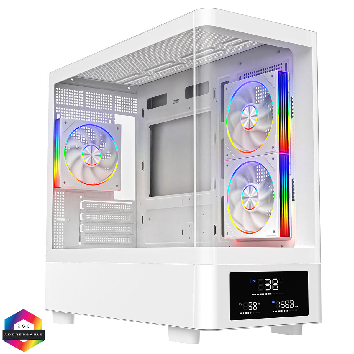 Powercool Gravity White mATX Gaming Case With Display Curved Tempered Glass With 3 x CiT Saturn PWM ARGB Fans and 6 Port PWM Hub - Destello