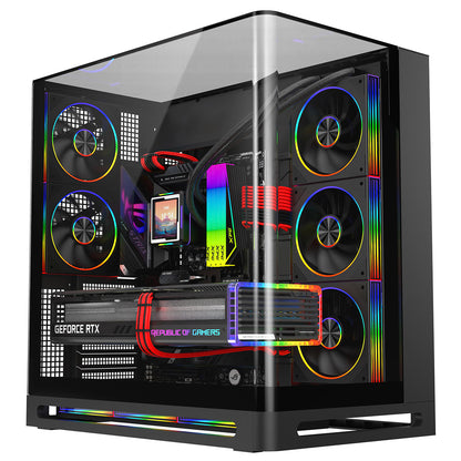 Powercool Navigator Black ATX Gaming Case Dual Chamber With Curved Tempered Glass With 5 x Saturn Fans and 9-Port Hub With Remote Included - Destello