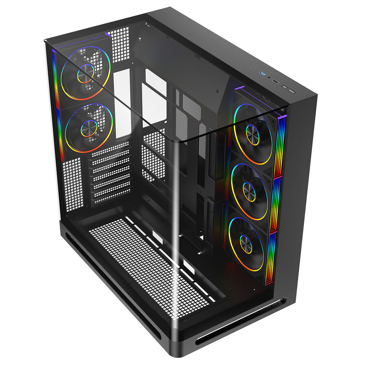 Powercool Navigator Black ATX Gaming Case Dual Chamber With Curved Tempered Glass With 5 x Saturn Fans and 9-Port Hub With Remote Included