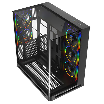Powercool Navigator Black ATX Gaming Case Dual Chamber With Curved Tempered Glass With 5 x Saturn Fans and 9-Port Hub With Remote Included