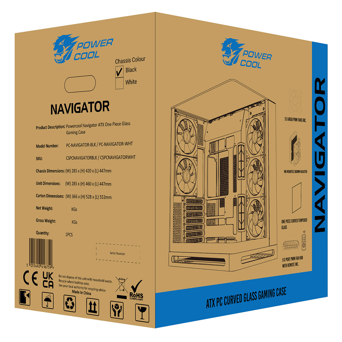 Powercool Navigator Black ATX Gaming Case Dual Chamber With Curved Tempered Glass With 5 x Saturn Fans and 9-Port Hub With Remote Included - Destello