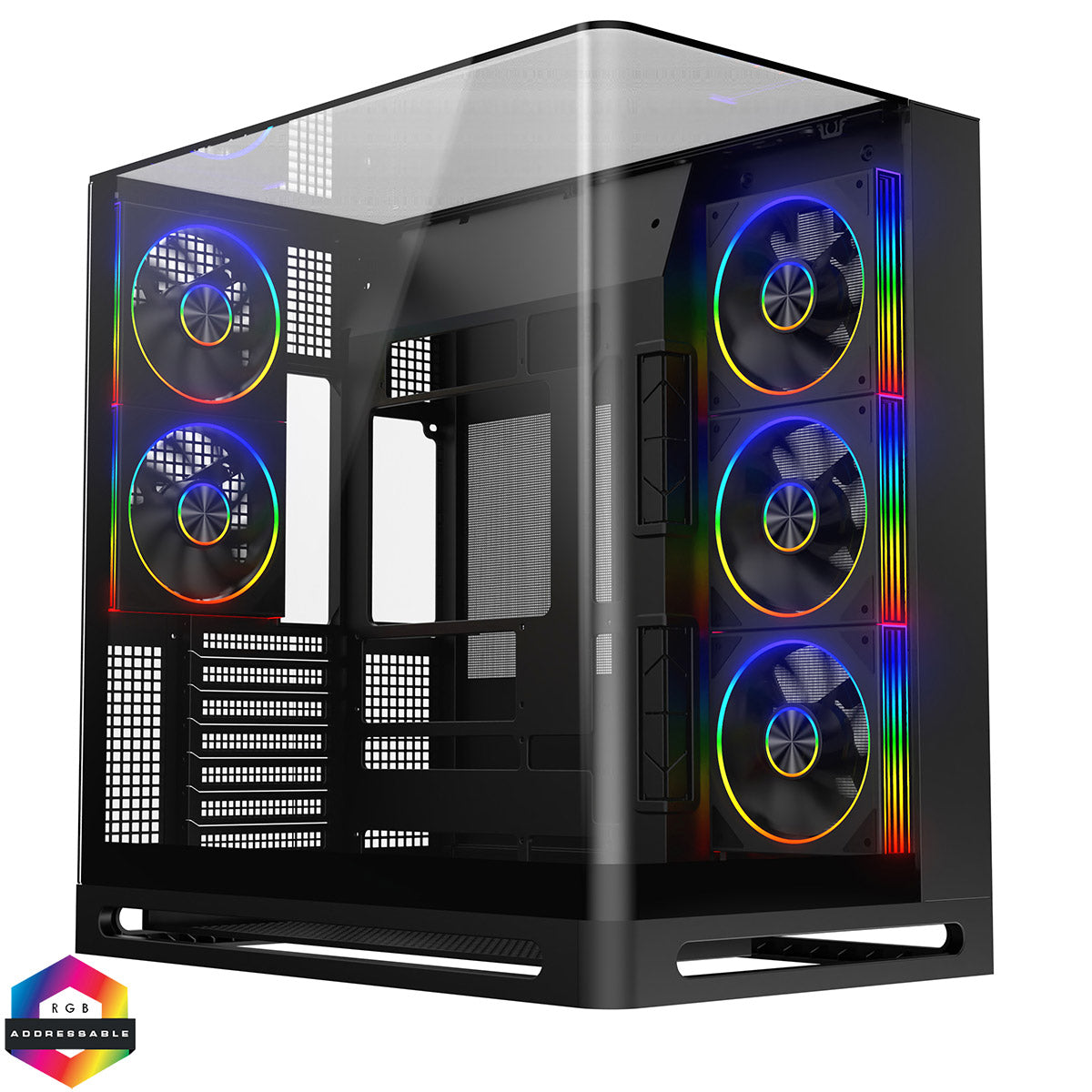 Powercool Navigator Black ATX Gaming Case Dual Chamber With Curved Tempered Glass With 5 x Saturn Fans and 9-Port Hub With Remote Included - Destello