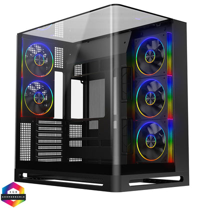 Powercool Navigator Black ATX Gaming Case Dual Chamber With Curved Tempered Glass With 5 x Saturn Fans and 9-Port Hub With Remote Included - Destello