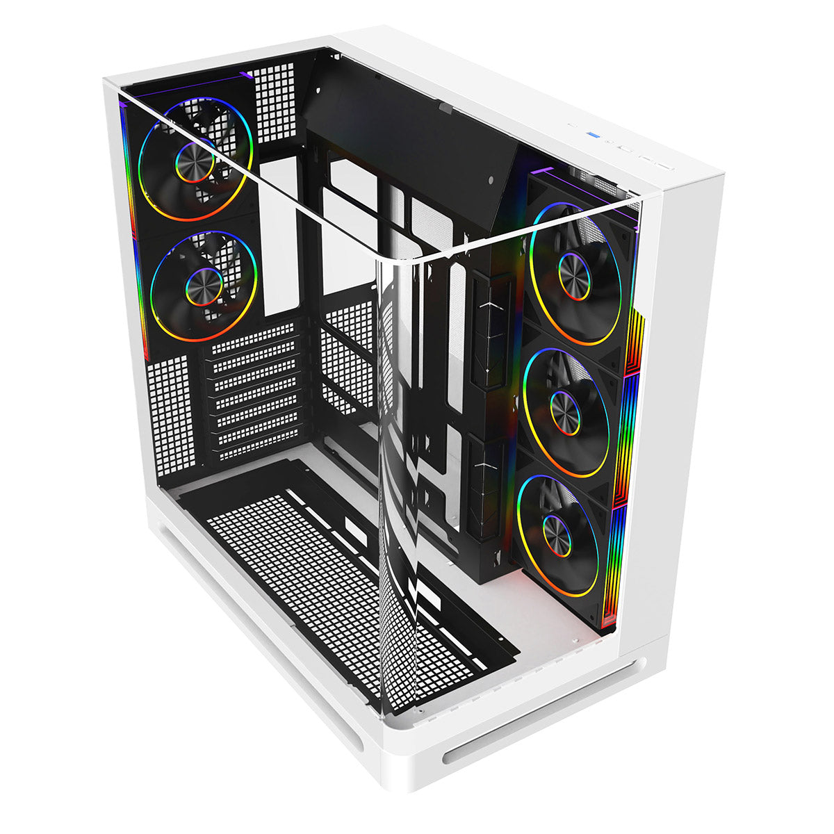 Powercool Navigator White ATX Gaming Case Dual Chamber With Curved Tempered Glass With 5 x Saturn Fans and 9-Port Hub With Remote Included - Destello