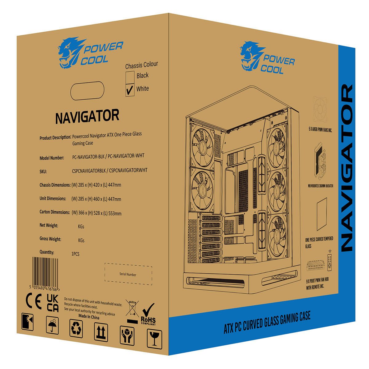 Powercool Navigator White ATX Gaming Case Dual Chamber With Curved Tempered Glass With 5 x Saturn Fans and 9-Port Hub With Remote Included - Destello