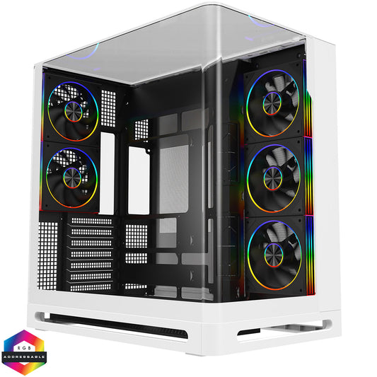 Powercool Navigator White ATX Gaming Case Dual Chamber With Curved Tempered Glass With 5 x Saturn Fans and 9-Port Hub With Remote Included - Destello