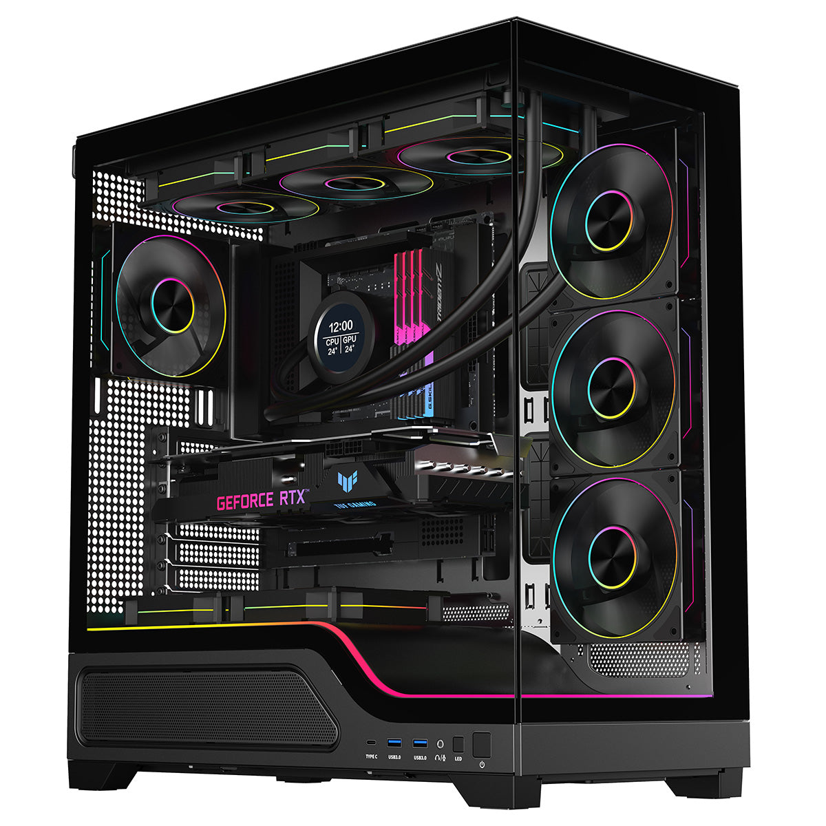 Powercool Pulsar Black ATX Gaming Case With Tempered Glass Panels With 4 x PWM ARGB Fans and 9 Port PWM Hub and RF Remote Included
