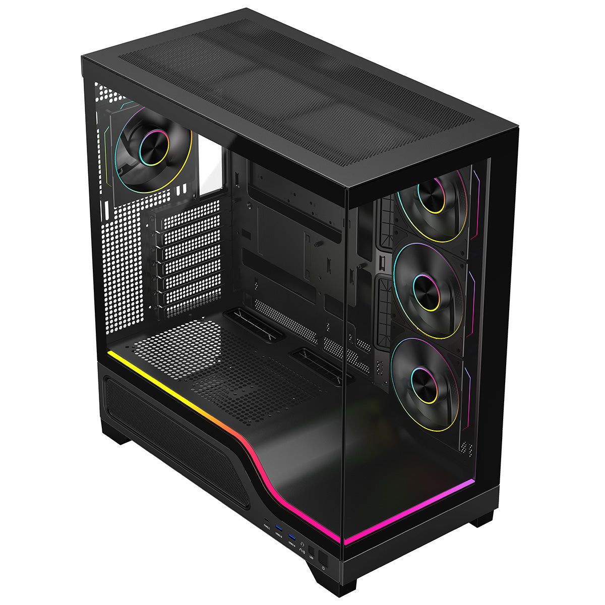 Powercool Pulsar Black ATX Gaming Case With Tempered Glass Panels With 4 x PWM ARGB Fans and 9 Port PWM Hub and RF Remote Included - Destello